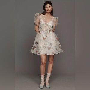 Farm Rio X Anthropologie Semi Sheer Puff Sleeve Mini Dress NWT Size XS Hearts